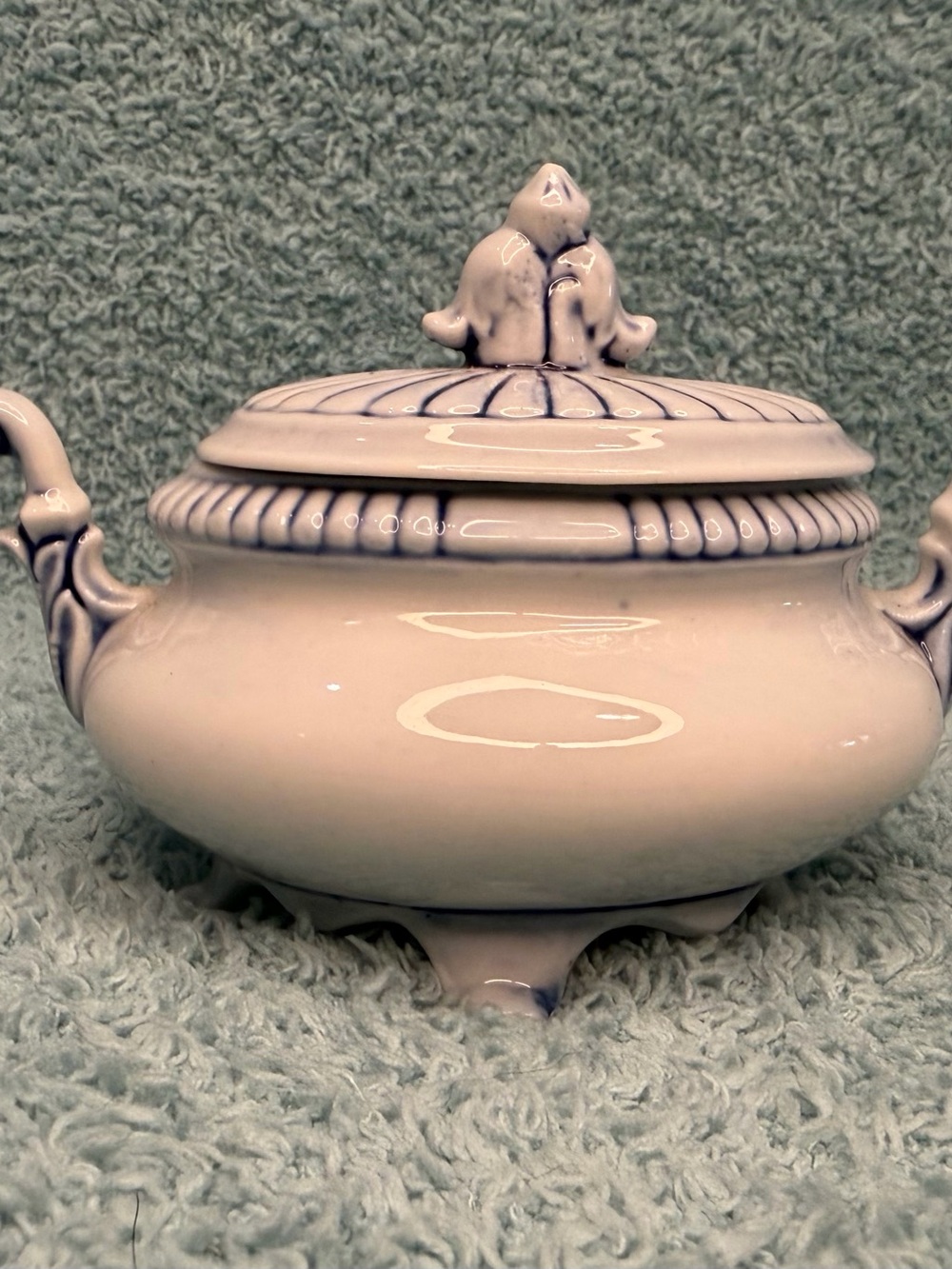 Vintage Blue and White Ceramic Soup Tureen Lid Footed Serving Bowl Ornate 3”